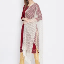 Clora Creation Cream-Coloured Checked Organza Sequinned Net Dupatta-3
