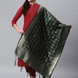Lilots Green & Silver-Toned Ethnic Motifs Woven Design Dupatta-28