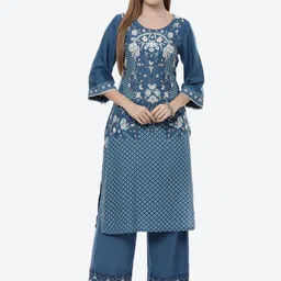 Rangriti Women Navy Blue Geometric Printed Flared Sleeves Kurta-picture-20