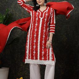 plusS Red Floral Printed Thread Work Cotton Straight Kurta-37