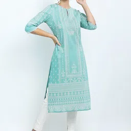Vishudh Women Blue Geometric Woven Design Keyhole Neck Stright Kurta-image-30