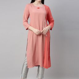 Neerus Women Peach-Coloured Floral Embroidered Kurta-image-29