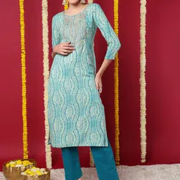 KALINI Abstract Printed Round Neck Sequinned Straight Kurta-7