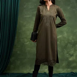 KETCH Olive Ethnic Motif Yoke Design Beads and Stones Straight Kurta-image-10
