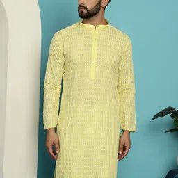 SOJANYA Striped Embroidered Thread Work Mandarin Collar Pure Cotton Straight Kurta-32