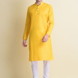 NAMASKAR Men Yellow Cotton Linen Solid Kurta-image-34