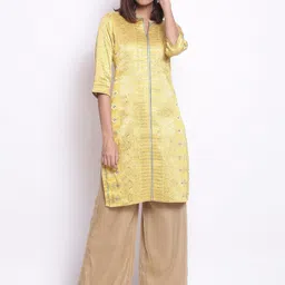WISHFUL Women Yellow Floral Printed Sequinned Kurta-image-9