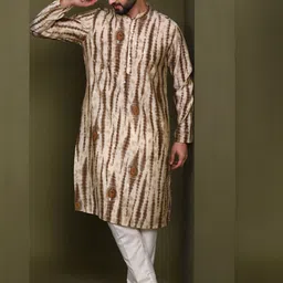 KISAH Men Beige & Brown Leheriya Kurta-image-35