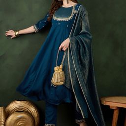 Sangria Teal Floral Embroidered Regular Anarkali Kurta With Trouser With Dupatta-18