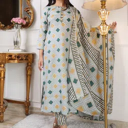 KALINI Geometric Printed Straight Kurta With Trouser & Dupatta-1