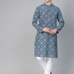 See Designs Men Blue Ethnic Motifs Printed Kurta-image-100
