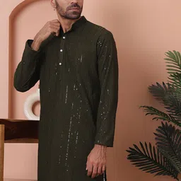 Anouk Olive Ethnic Motifs Embroidered Band Collar Sequinned Regular Kurta-picture-12