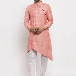 KLOTTHE Men Coral Red Asymmetric Cotton Kurta-picture-9