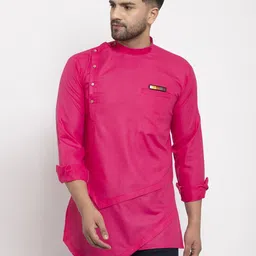 Kaifoo Men Fuchsia Pink Asymmetric Kurta-21