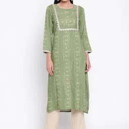 Be Indi Women Round Neck Geometric Straight Side Slits Festive Kurta-image-91