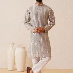 SOJANYA LUXE Embroidered Sequinned Mandarin Collar Long Sleeves Cotton Straight Kurta-image-34
