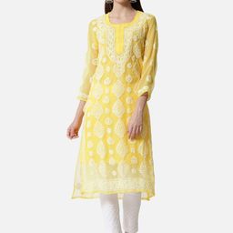 PARAMOUNT CHIKAN Women Yellow Floral Embroidered Chikankari Floral Georgette Kurta-image-97