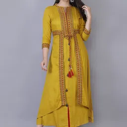 KALINI Women Yellow Ethnic Motifs Embroidered & Mirror Work Layered Regular Fit Kurta-picture-30