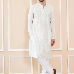 See Designs Mandarin Collar Striped Thread Work Chanderi Silk Straight Kurta-image-72
