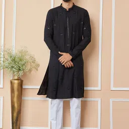 See Designs Floral Embroidered Mandarin Collar Thread Work Chanderi Silk Straight Kurta-image-45