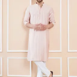 See Designs Striped Embroidered Mandarin Collar Sequins Chanderi Silk Straight Kurta-30