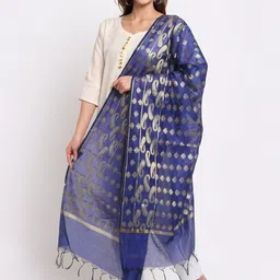 LOOM LEGACY Blue & Gold-Toned Woven DesignJacquard Cotton Silk Dupatta-50