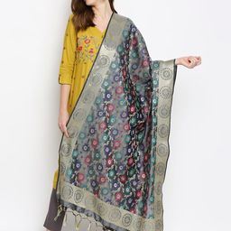 Dupatta Bazaar Grey & Pink Woven Design Dupatta-10