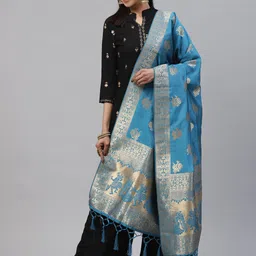 flaher Blue & Golden Woven Design Banarasi Dupatta-21