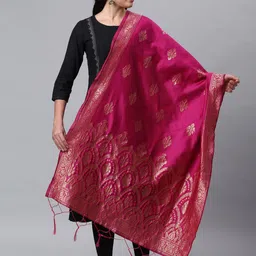 Lilots Pink & Gold-Toned Banarasi Silk Jacquard Woven Design Dupatta-image-97