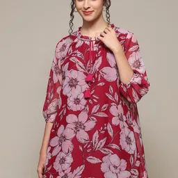 Biba Women Red Printed Flared Sleeves Sequinned Kurta-image-25