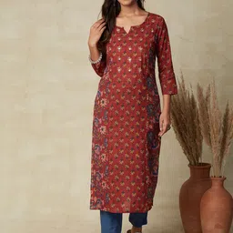 FASHOR Rust & Yellow Floral Printed Zari Cotton Straight Kurta-picture-39