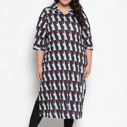 Amydus Plus Size Geometric Printed Shirt Collar Straight Kurta-58