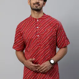 AKS Bandhani Printed Band Collar Cotton Regular Kurta-27