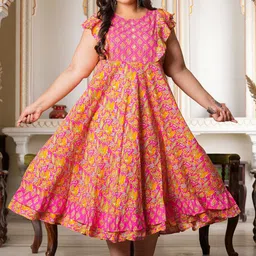 YASH GALLERY Plus Size Floral Printed Flared Sleeves Ethnic A-Line Dresses-image-51