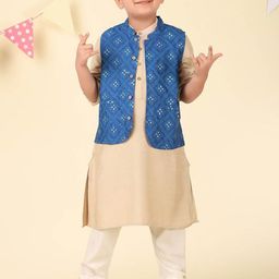 Fabindia Boys Ethnic Motifs Printed Mandarin Collar Straight Kurta With Nehru Jacket-picture-4