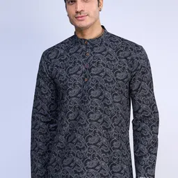 BELLAZO Ethnic Motifs Printed Band Collar Linen Short Kurta-image-70