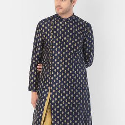 DEYANN Men Navy Blue & Beige Ethnic Motifs Printed Kurta-image-58