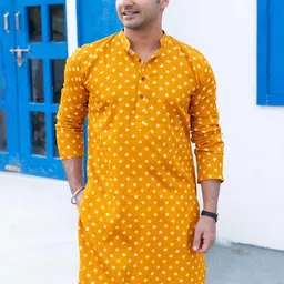 Shasak Mandarin Collar Long Sleeves Geometric Printed Cotton Straight Kurta-3