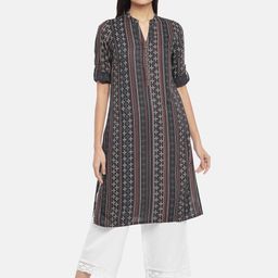 RANGMANCH BY PANTALOONS Women Charcoal Grey & White Geometric Printed Rayon Kurta-picture-0