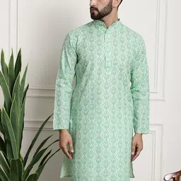 SOJANYA Men Green & White Ethnic Motifs Cotton Linen Printed Kurta-image-48