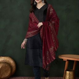 Sangria Black Geometric Yoke Design V-Neck Velvet Kurta With Trouser With Dupatta-picture-15