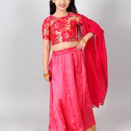 INCLUD Girls Woven Design Zari Ready to Wear Lehenga & Blouse With Dupatta-picture-11