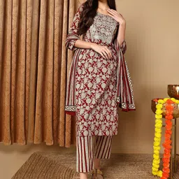 KALINI Floral Printed Regular Thread Work Kurta With Trousers & Dupatta image 5