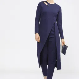 Vishudh Women Navy Blue Knitted Asymmetric Kurta with Trousers-image-63