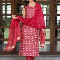 ASPORA Floral Woven Design Round Neck Pure Silk Straight Kurta with Trousers & Dupatta-image-19