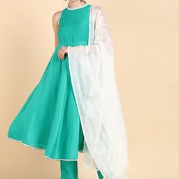 AHIKA Women Sea Green Empire Kurta with Trousers & Dupatta-image-36
