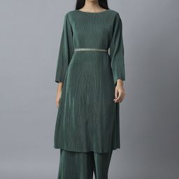 W Women Green Accordian Pleated Kurta with Palazzos-picture-15