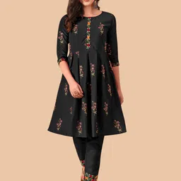 KALINI Women Black Floral Printed Pleated Kurti with Trousers-image-25