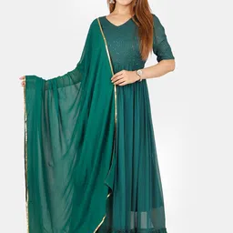 Thread & Button Women Green High Slit Kurta with Skirt & With Dupatta-image-9