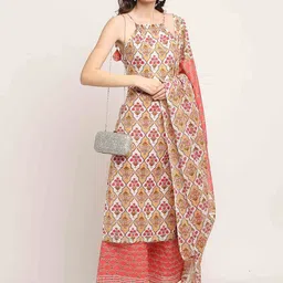 KALINI Floral Printed Shoulder Straps Pure Cotton Straight Kurta & Palazzos & Dupatta-28